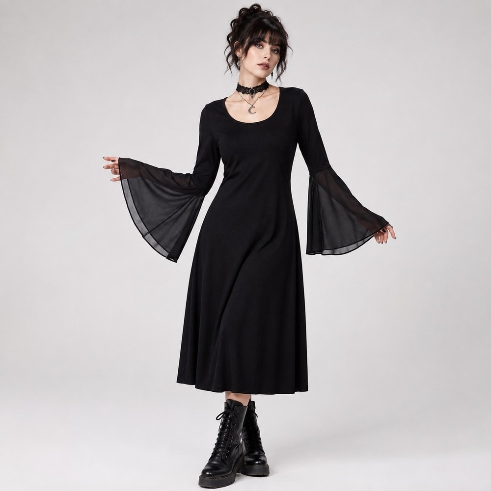 R&M Richards Bell Sleeve Dress 8 Black Whimsigoth Witchy Goth Romantic Stretch